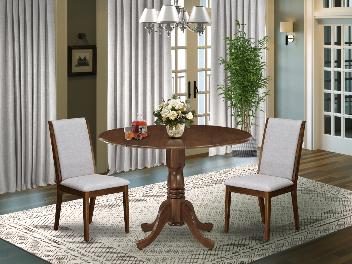DLLA3-AWA-05 Dining Set, Antique Walnut - A Round Wooden Table & 2 Upholstered Chairs - 3 Piece