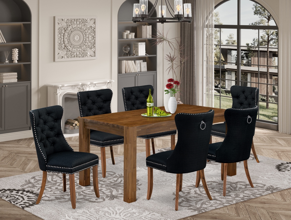 CNDA7-0N-T24 Dining Set, Natural Walnut - A Rectangle Rustic Wood Table & 6 Chairs - Sandblasting Antique Walnut - 7 Piece