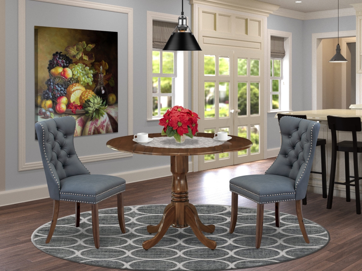DLDA3-AWA-13 Dining Set, Antique Walnut - A Round Kitchen Table with Dropleaf & 2 Upholstered Chairs - 3 Piece