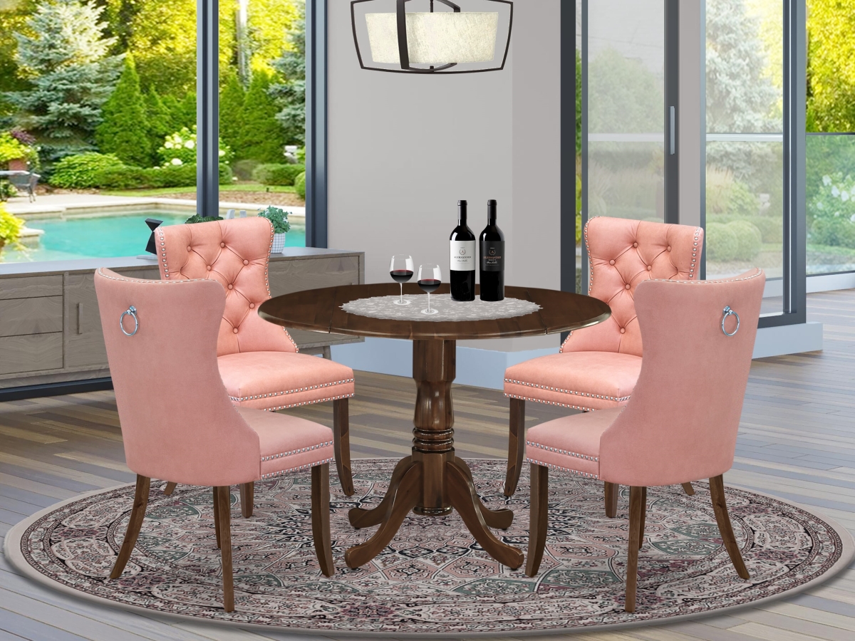DLDA5-AWA-23 Dining Room Set, Antique Walnut - A Round Kitchen Table with Dropleaf & 4 Upholstered Chairs - 5 Piece
