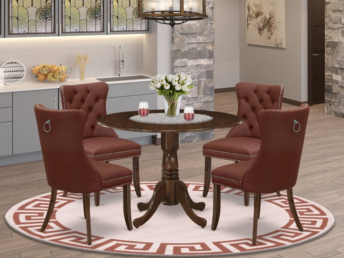 DLDA5-AWA-26 Dinette Set, Antique Walnut - A Round Kitchen Table with Dropleaf & 4 Parson Chairs - 5 Piece