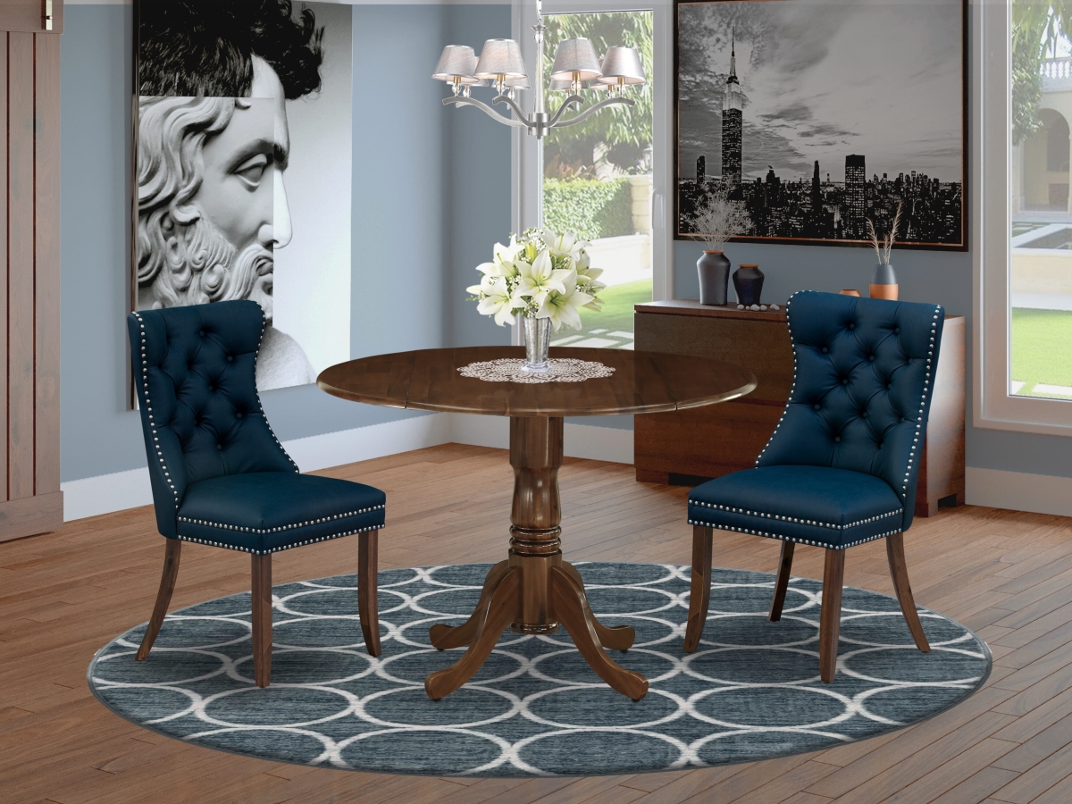 DLDA3-AWA-29 Dining Set, Antique Walnut - A Round Kitchen Table with Dropleaf & 2 Padded Chairs - 3 Piece
