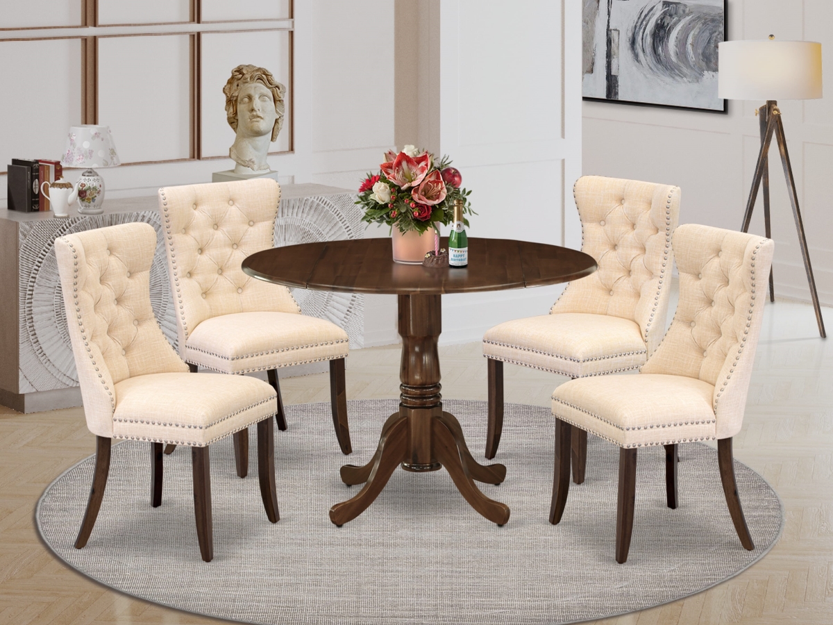 DLDA5-AWA-32 Dining Room Set, Antique Walnut - A Round Kitchen Table with Dropleaf & 4 Padded Chairs - 5 Piece