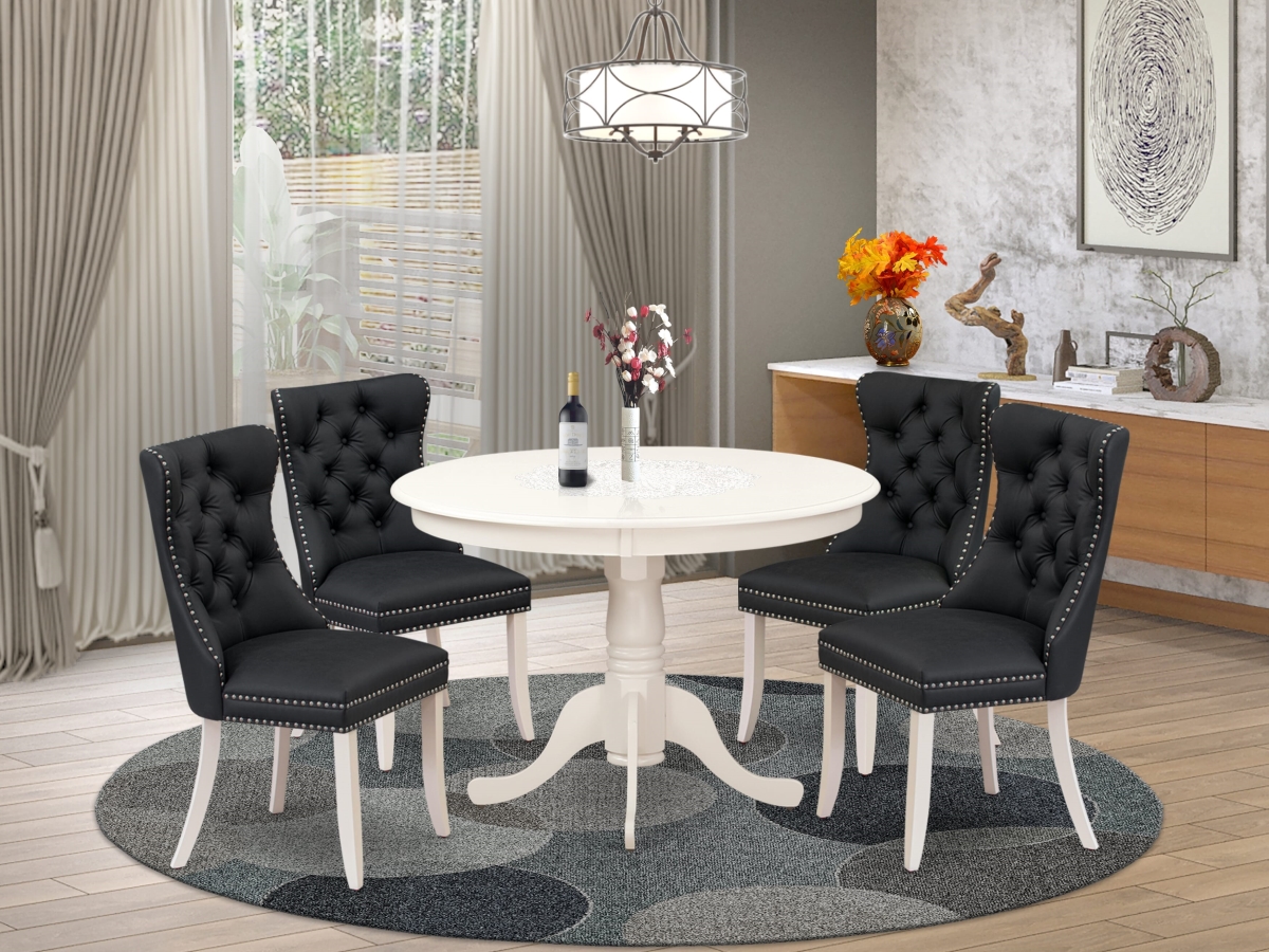 HLDA5-LWH-12 Dinette Set, Linen White - A Round Kitchen Table with Pedestal & 4 Upholstered Parson Chairs - 5 Piece