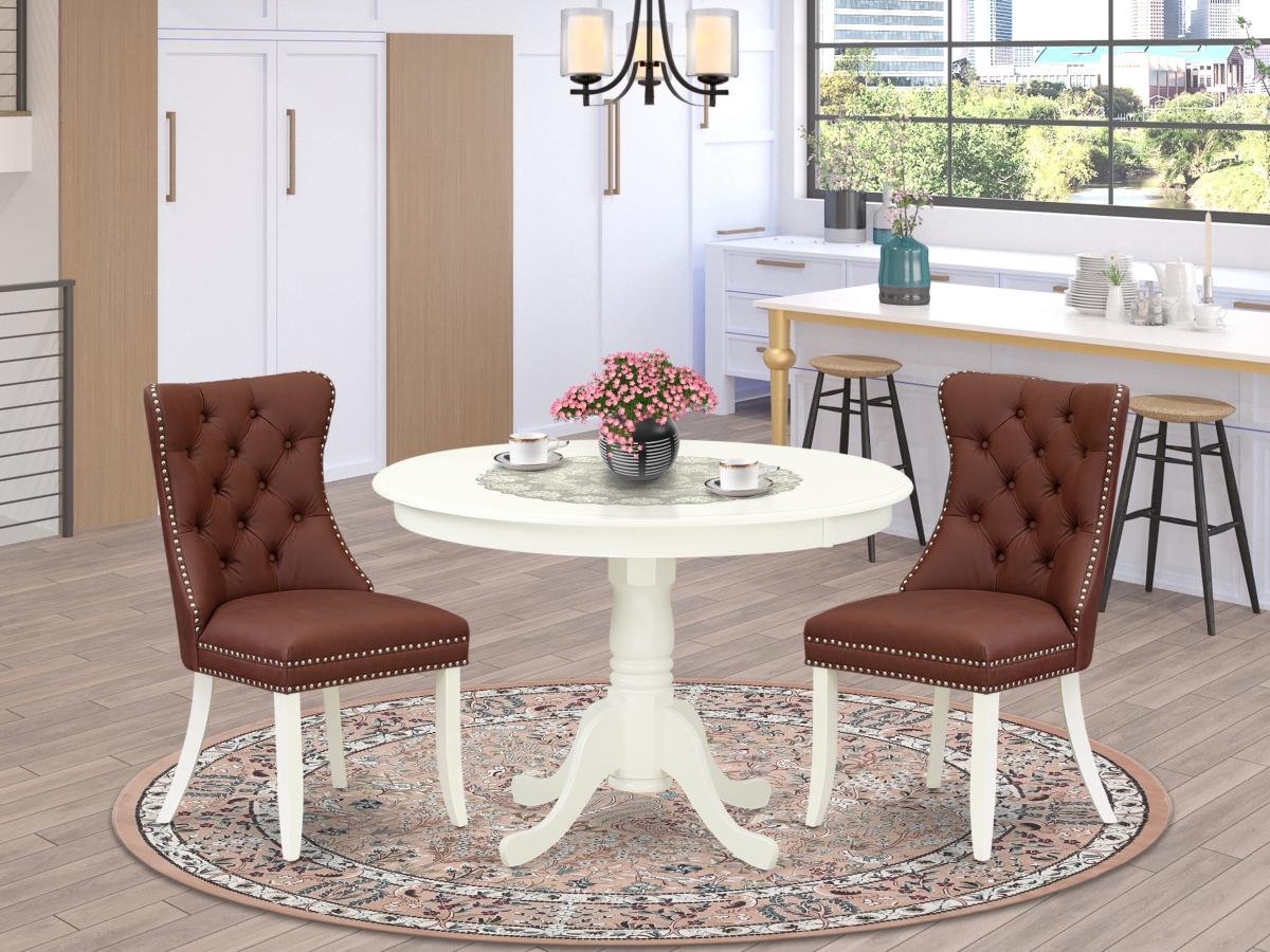 HLDA3-LWH-26 Dining Set, Linen White - A Round Kitchen Table with Pedestal & 2 Upholstered Parson Chairs - 3 Piece