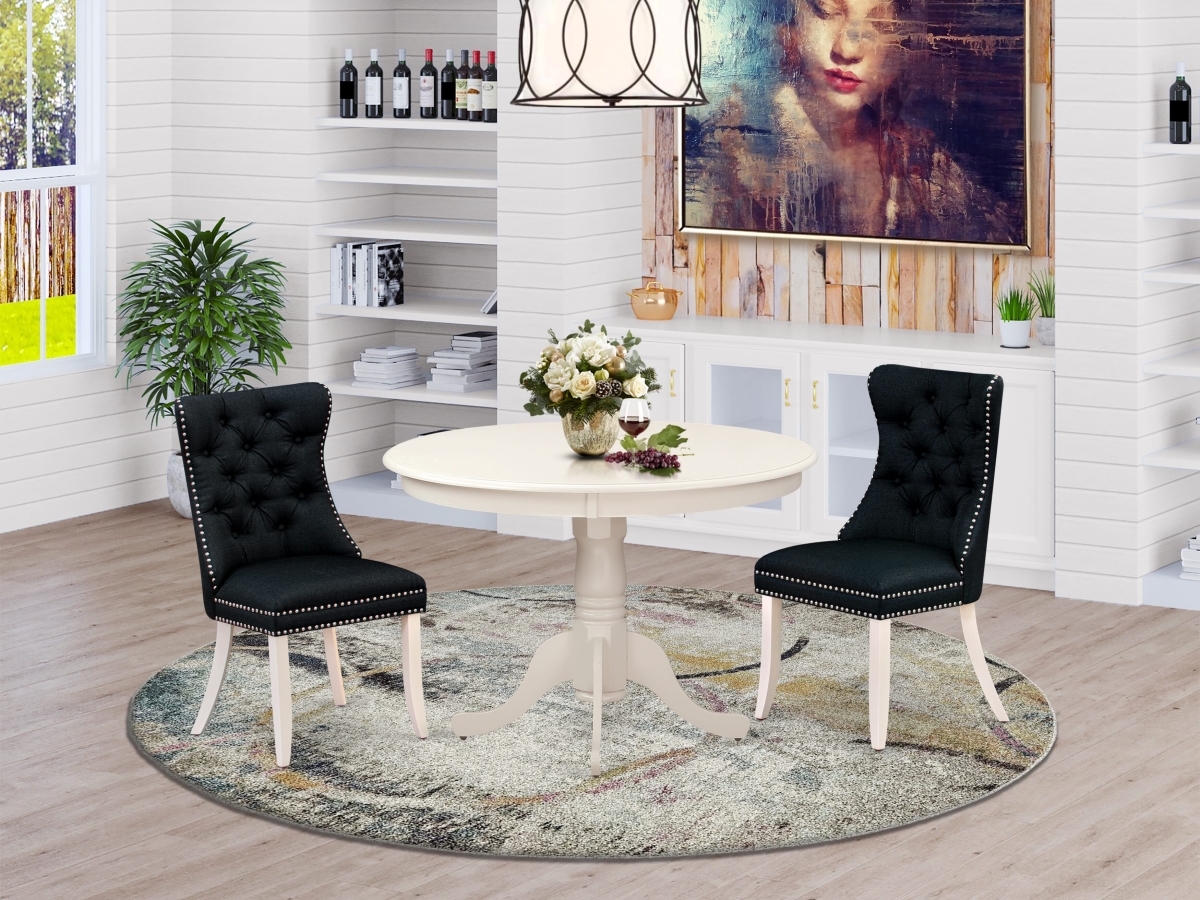HLDA3-LWH-24 Dining Set, Linen White - A Round Kitchen Table with Pedestal & 2 Upholstered Chairs - 3 Piece