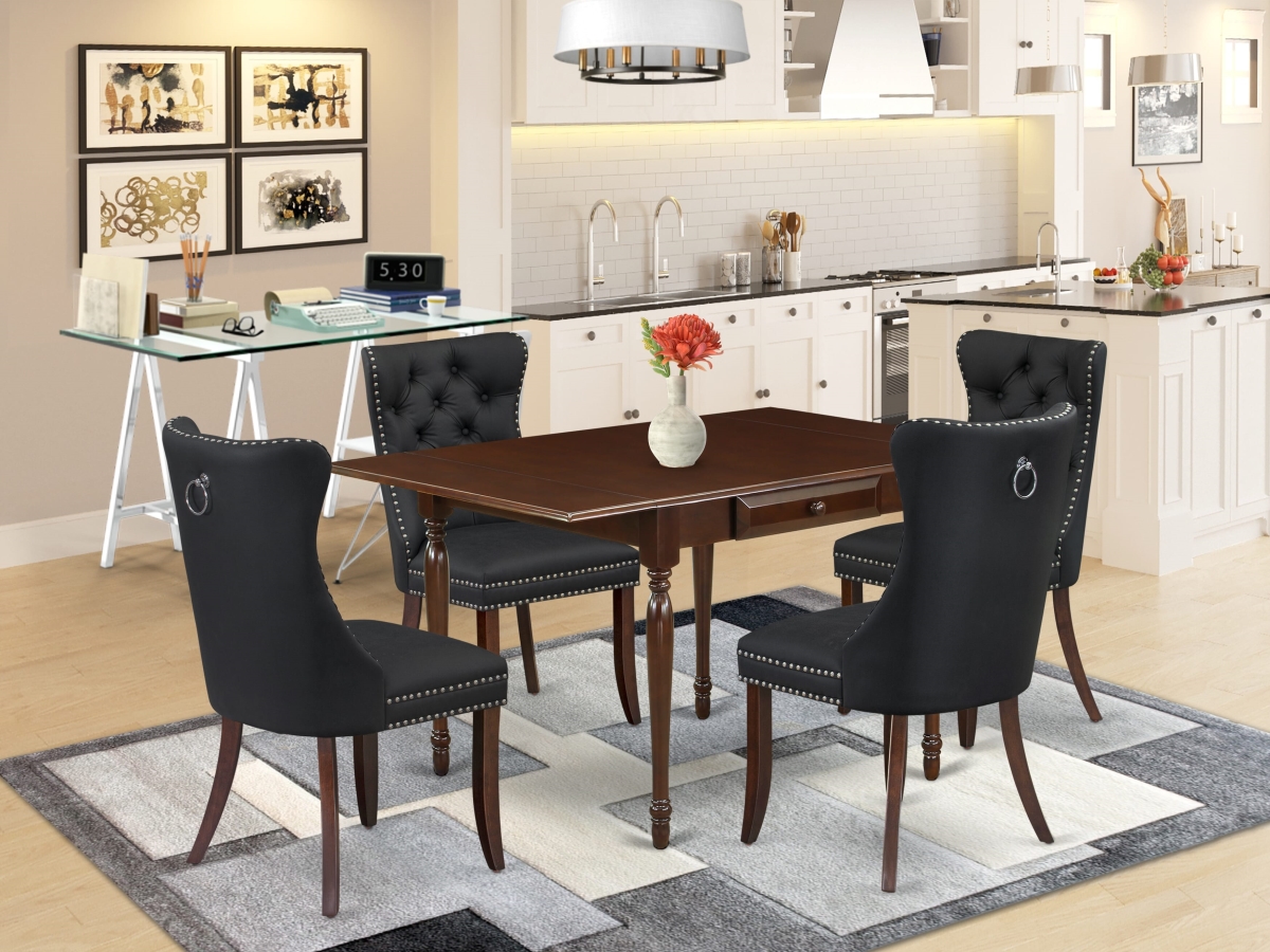 MZDA5-MAH-12 A Rectangle Kitchen Table with Dropleaf & 4 Upholstered Chairs Dining Set, Mahogany - 5 Piece