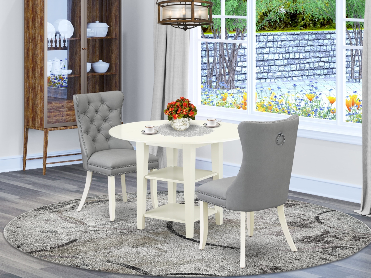 SUDA3-LWH-27 A Round Kitchen Table - Dropleaf & Shelves & 2 Upholstered Chairs Dining Set, Linen White - 3 Piece