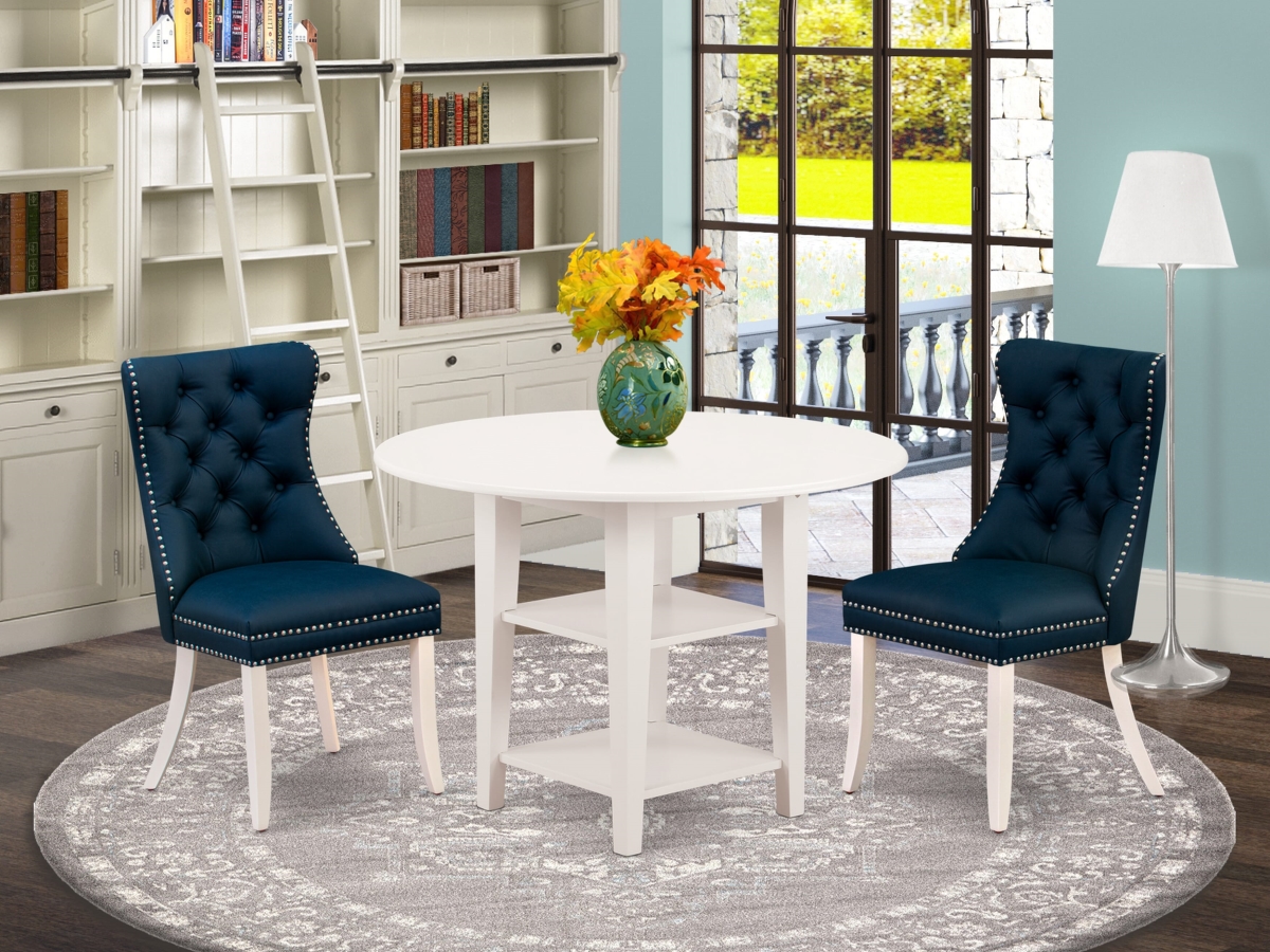 SUDA3-LWH-29 A Round Kitchen Table with Dropleaf & Shelves & 2 Upholstered Chairs Dining Set, Linen White - 3 Piece