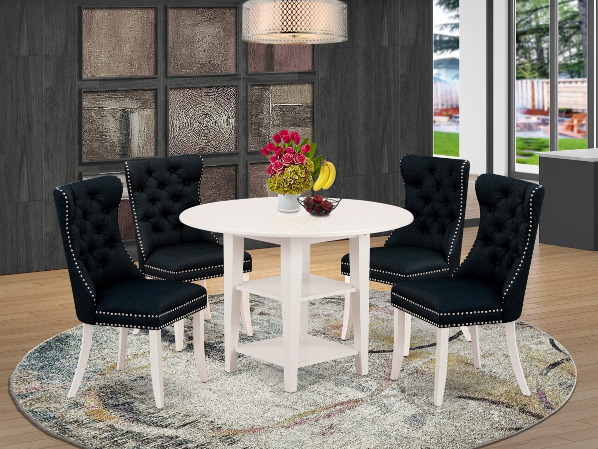 SUDA5-LWH-24 Dining Set, Linen White - A Round Kitchen Table with Dropleaf & Shelves & 4 Upholstered Chairs - 5 Piece