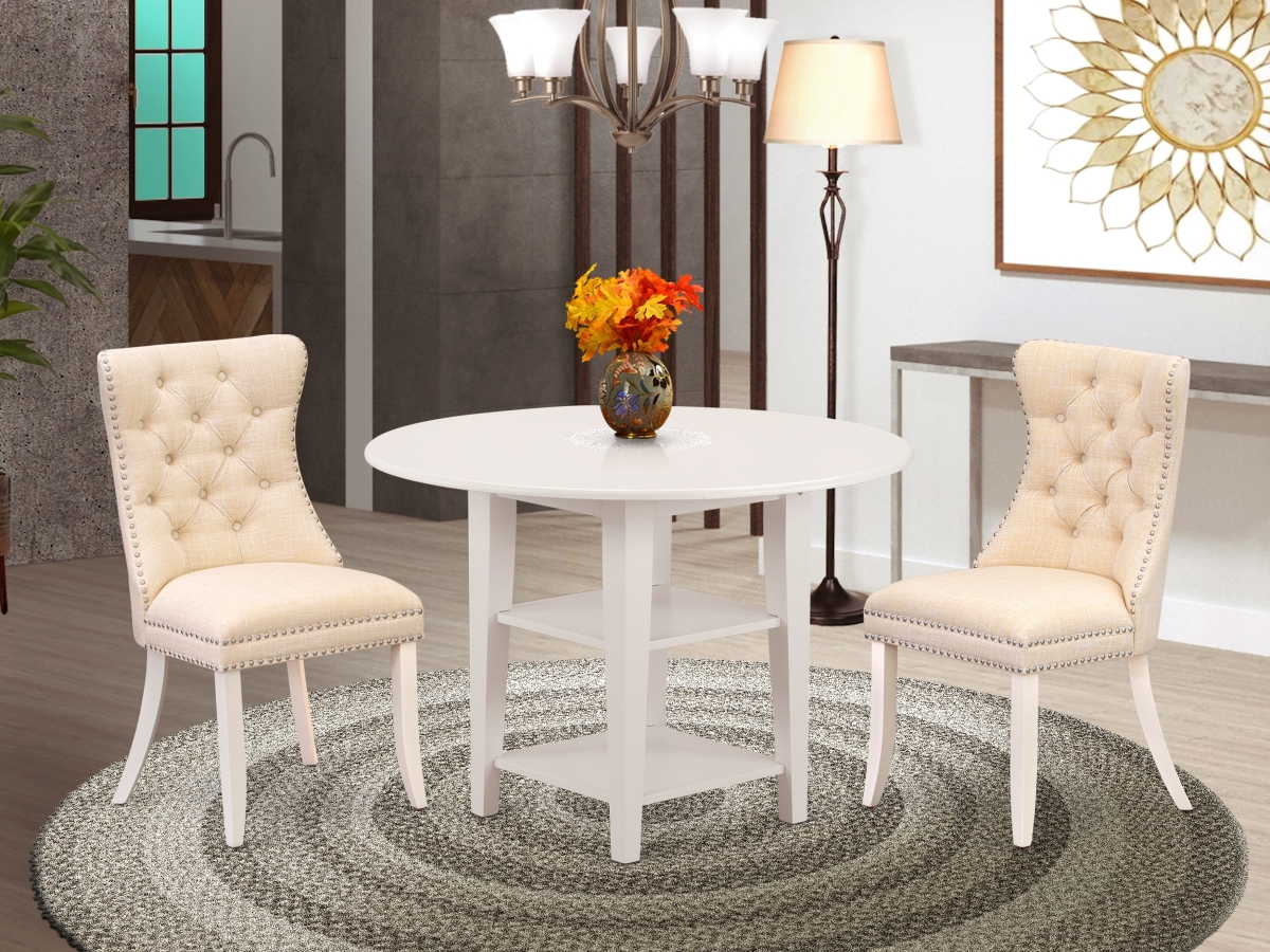 SUDA3-LWH-32 Dining Set, Linen White - A Round Kitchen Table with Dropleaf & Shelves & 2 Upholstered Chairs - 3 Piece