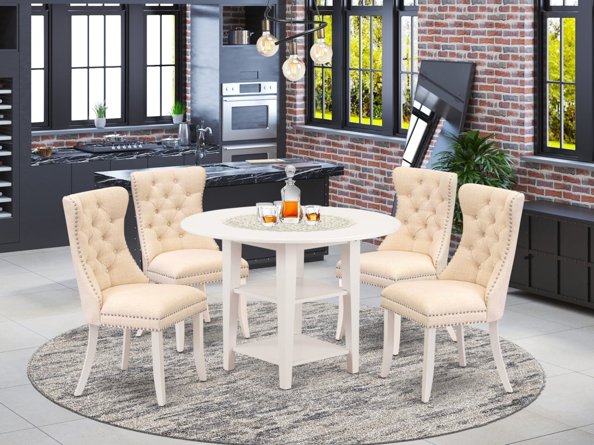 SUDA5-LWH-32 Dining Set, Linen White - A Round Kitchen Table with Dropleaf & Shelves & 4 Padded Chairs - 5 Piece