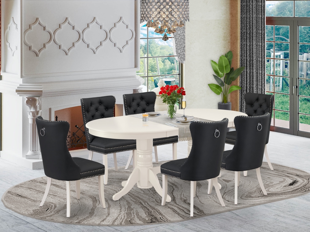 VADA7-LWH-12 An Oval Kitchen Table with Removable Leaf & 6 Upholstered Chairs Dining Set, Linen White - 7 Piece