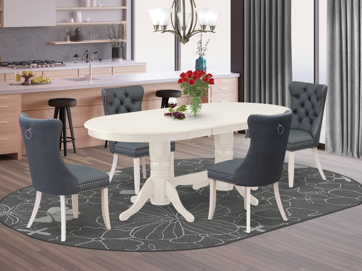 VADA5-LWH-13 Dining Set, Linen White - An Oval Kitchen Table with Removable Leaf & 4 Upholstered Chairs - 5 Piece