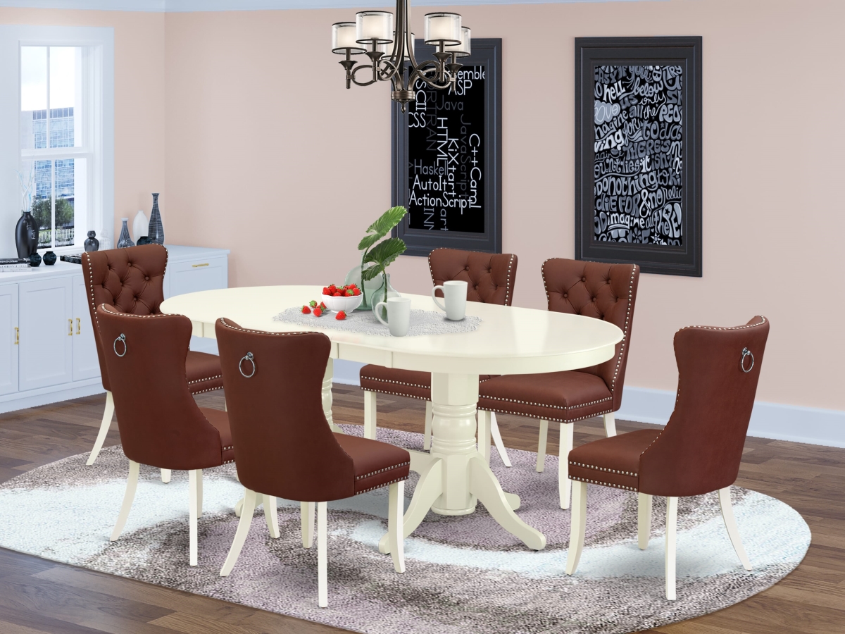 VADA7-LWH-26 An Oval Kitchen Table with Removable Leaf & 6 Upholstered Chairs Dining Set, Linen White - 7 Piece