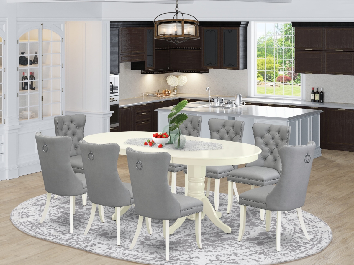 VADA9-LWH-27 Dining Set, Linen White - An Oval Wooden Table with Removable Leaf & 8 Upholstered Chairs - 9 Piece