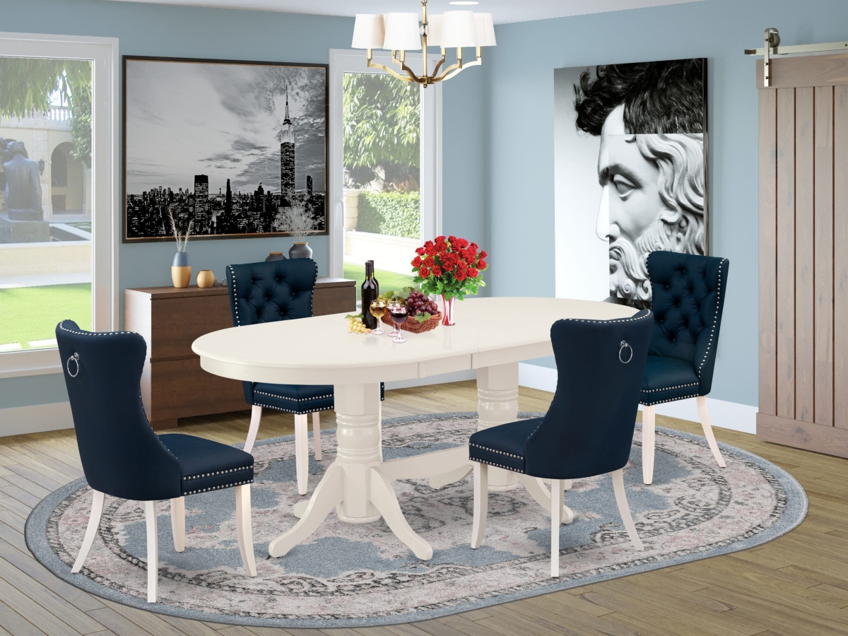 VADA5-LWH-29 Dining Room Set, Linen White - An Oval Wooden Table with Removable Leaf & 4 Upholstered Chairs - 5 Piece