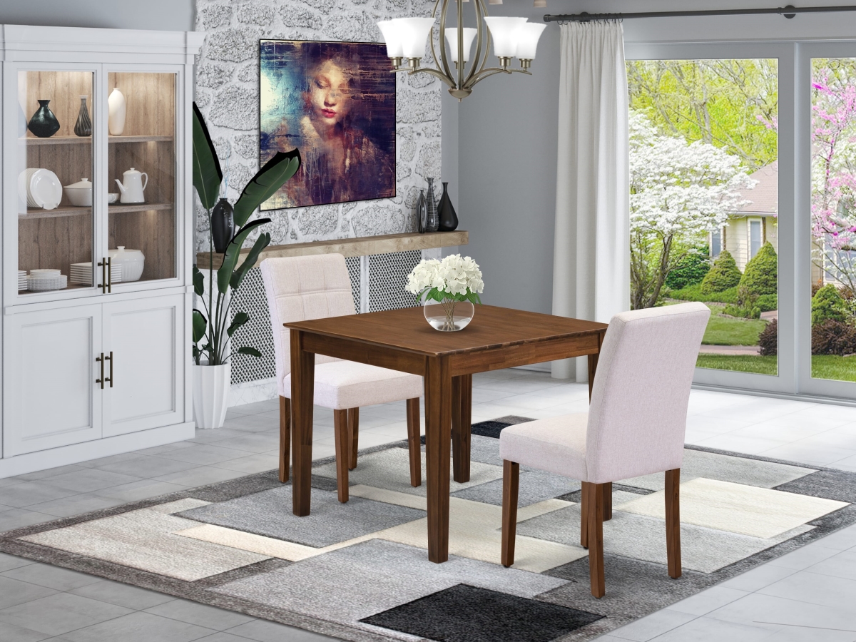 OXAS3-AWA-08 Dining Set Contain A Wooden Kitchen Table & 2 Mist Beige Linen Fabric Dining Room Chairs, Antique Walnut - 3 Piece
