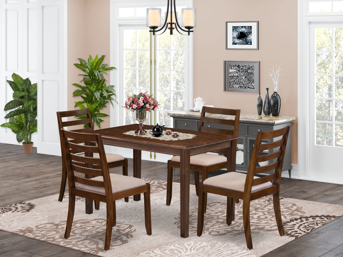 YAX15-AWA-04 Dining Room Set, Antique Walnut - A Kitchen Table & 4 Stackable Chairs with Light Tan Linen Fabric - 5 Piece