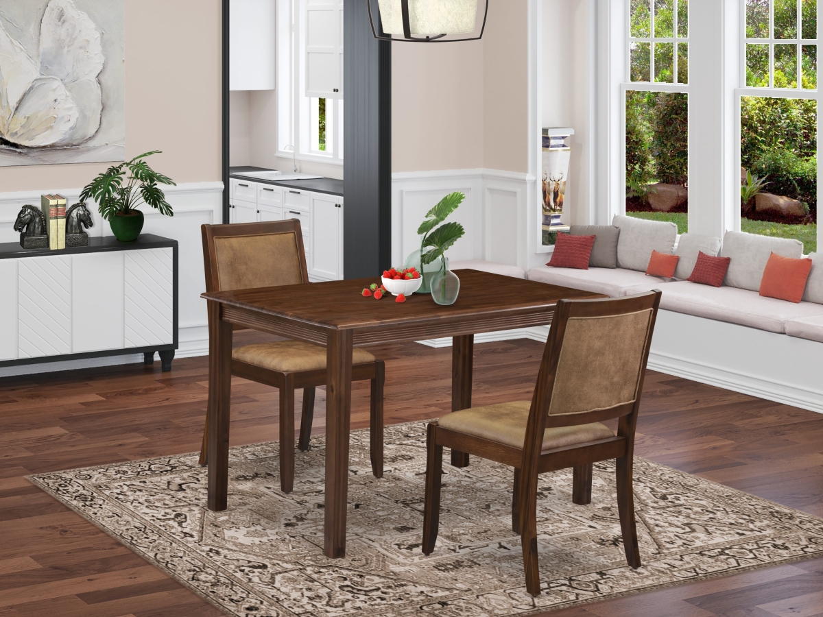 YAX23-AWA-28 Kitchen Dining Set, Antique Walnut - A Wooden Table & 2 Stackable Chairs with Brown Textured Faux Leather - 3 Piece