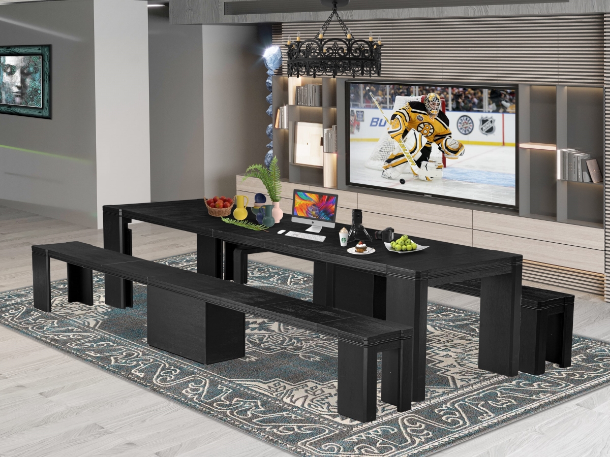 X0000-206-00 Dining Set, Wire Brushed Black - 1 Rectangular Kitchen Table & 2 Extendable Benches - Wire Brushed Black - 3 Piece