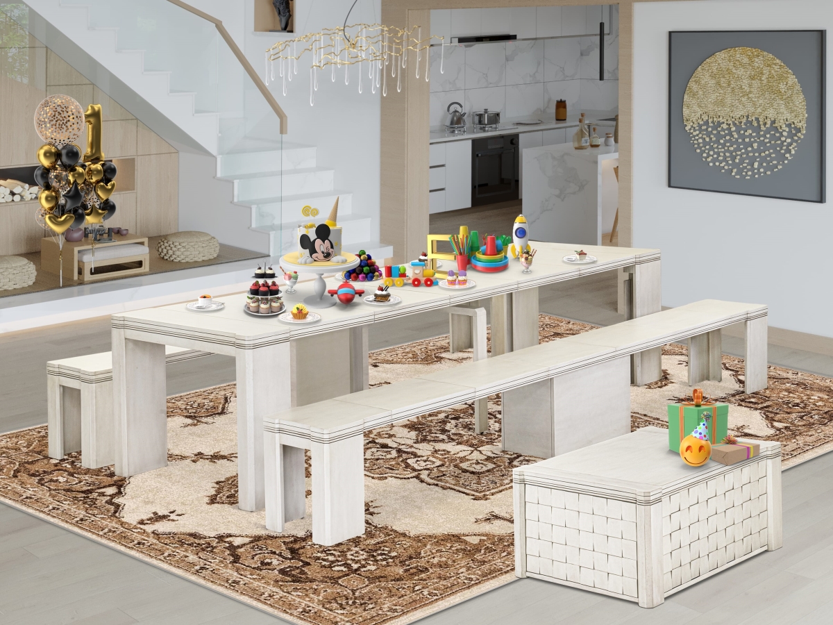 X0000-2CW-00 Dining Set, Antique White - 1 Versatile Kitchen Table - 1 Coffee Table & 2 Dining Benches - 4 Piece