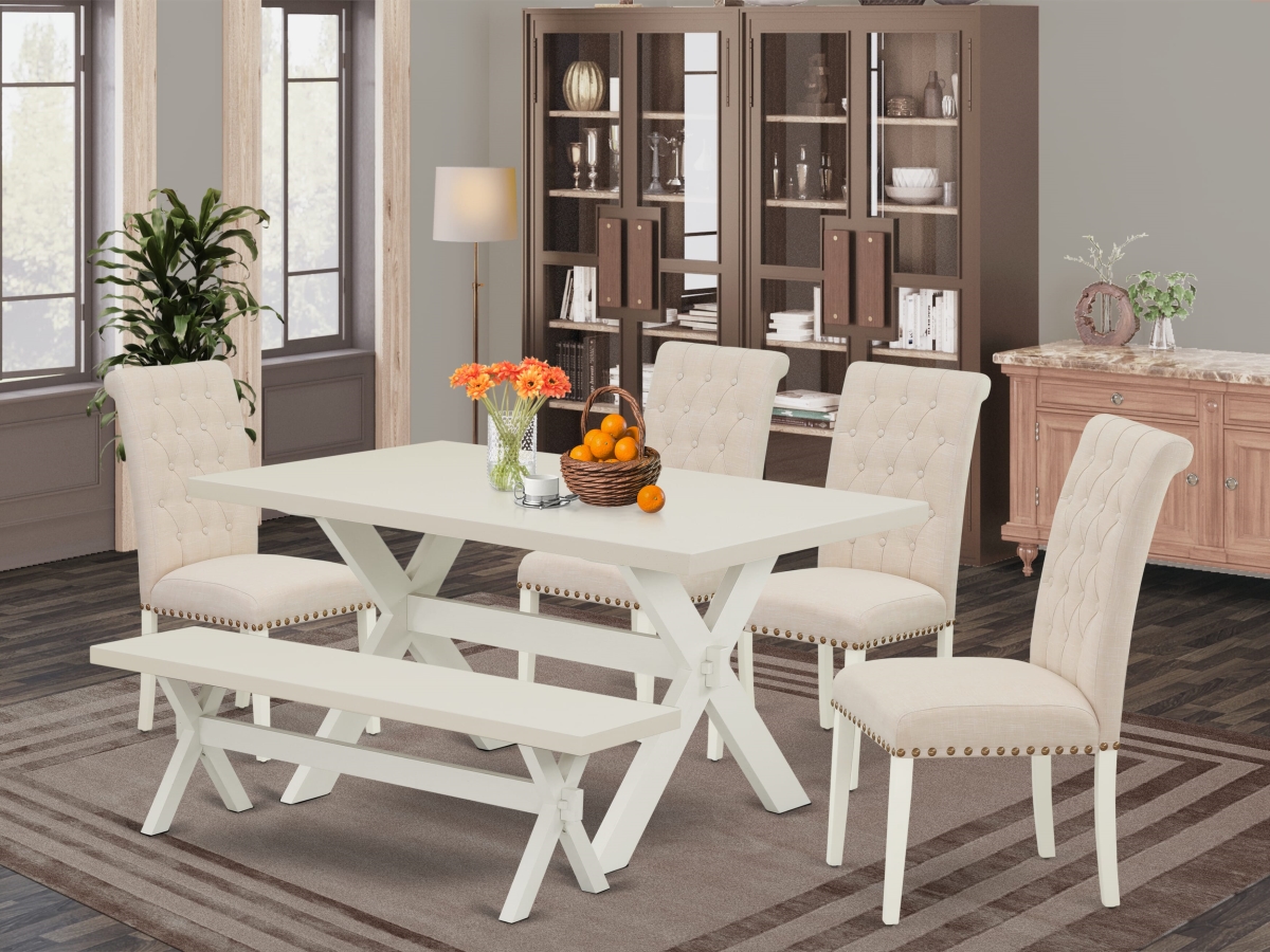 X026BR202-6 Table Dining Set, Multi Color - Light Beige Linen Fabric Seat & Button Tufted Chair Back Padded Parson Chairs - 6 Piece