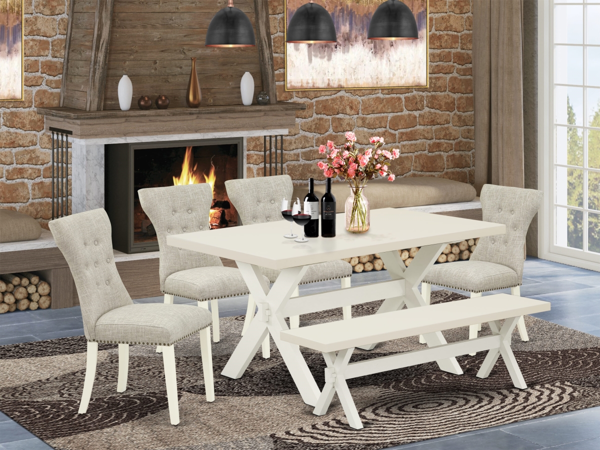 X026GA235-6 Kitchen Dinette Set, Multi Color - Doeskin Linen Fabric Seat & Button Tufted Chair Back Parson Dining Room Chairs - 6 Piece