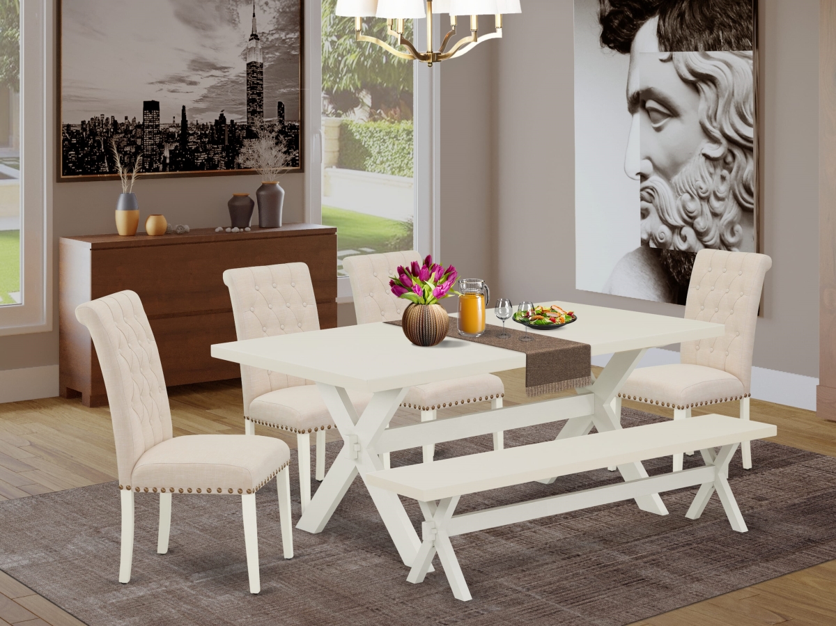 X027BR202-6 Table Dining Set, Multi Color - Light Beige Linen Fabric Seat & Button Tufted Chair Back Parson Dining Chairs - 6 Piece
