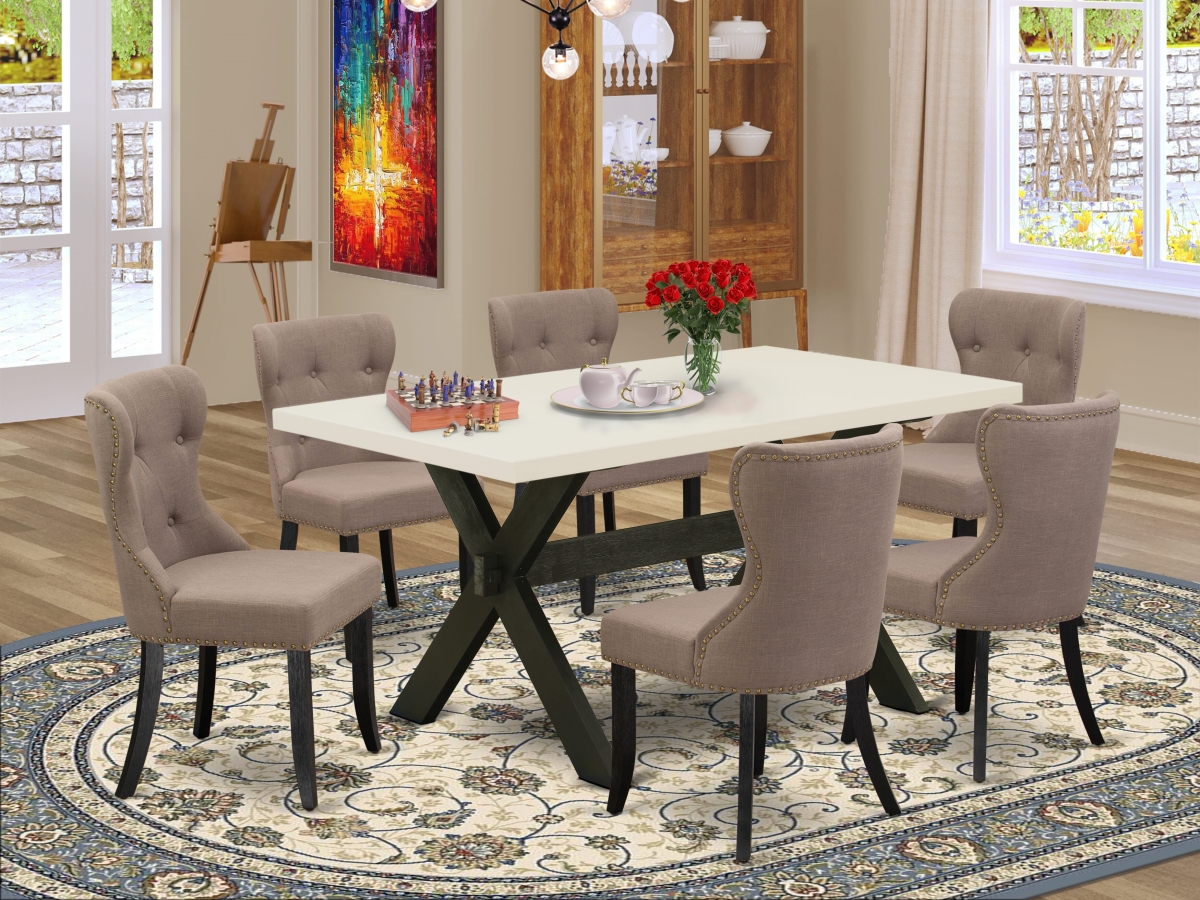 X626SI648-7 Dining Set, Multi Color - Coffee Linen Fabric Seat & Button Tufted Back Kitchen Chairs & Rectangular Top Dinner Table - 7 Piece