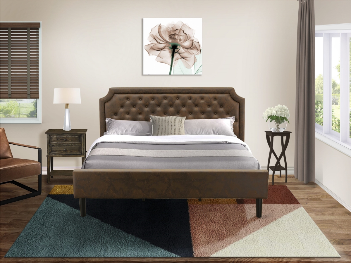 GB25K-1VL07 Platform King Bedroom Set with Frame & Distressed Jacobean End Table, Black Textured - Dark Brown Faux Leather & Black Legs - 2 Piece