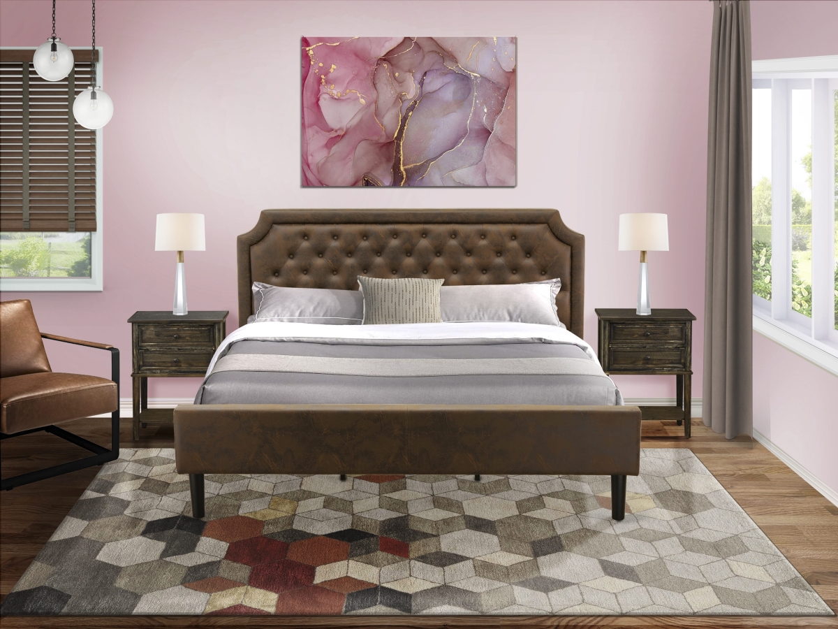 GB25K-2VL07 King Bedroom Set with Bed & 2 Distressed Jacobean Bedroom Nightstand, Black Textured - Dark Brown Faux Leather & Black Legs - 3 Piece