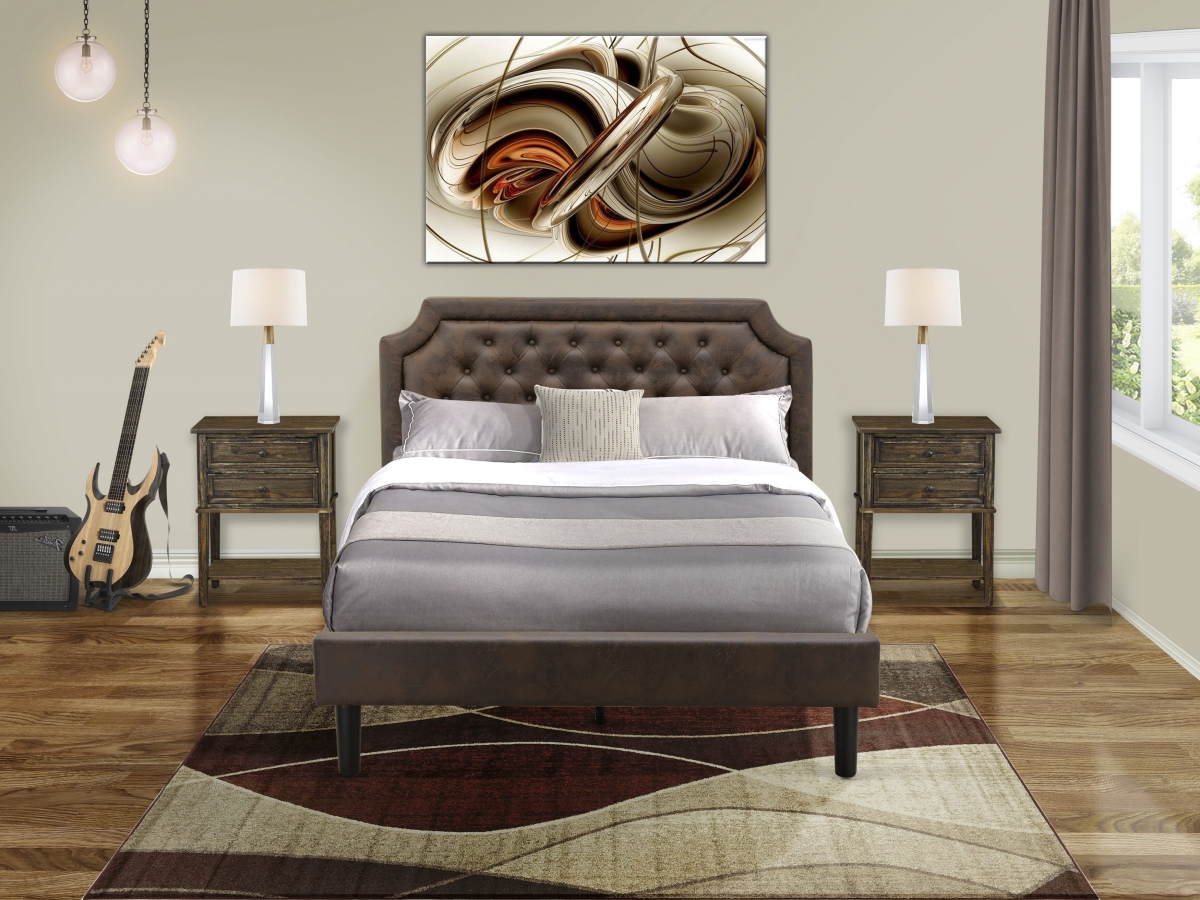 Bed Set with Queen Size Frame & 2 Distressed Jacobean Wood Nightstands, Black Textured - Dark Brown Faux Leather & Black Legs - 3 Piece