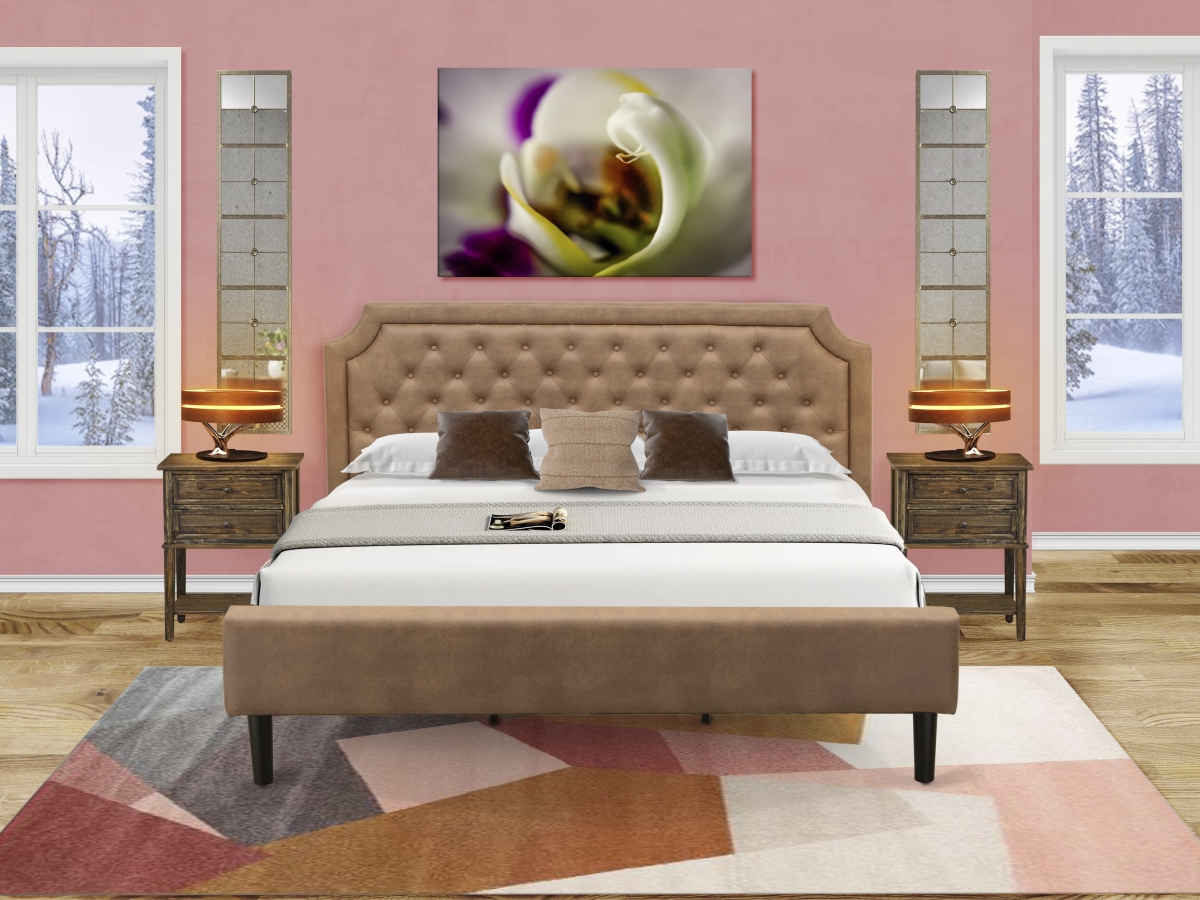 GB28K-2VL07 Granbury Bed Set with A King Bedframe & 2 Distressed Jacobean Night Stand, Brown - Brown Faux Leather & Black Legs - 3 Piece
