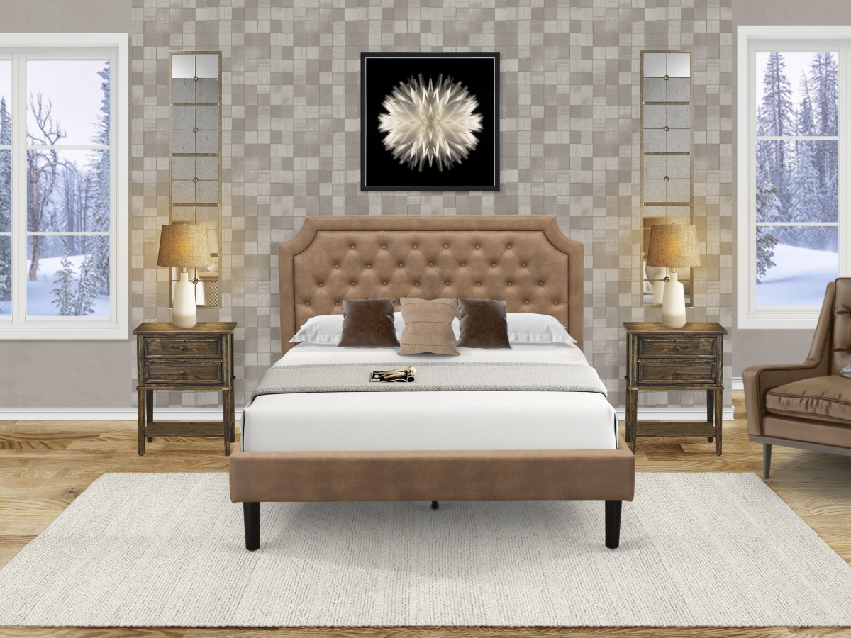 GB28Q-2VL07 Bed Set with Frame & 2 Distressed Jacobean Modern Night Stands, Brown - Brown Faux Leather & Black Legs - 3 Piece