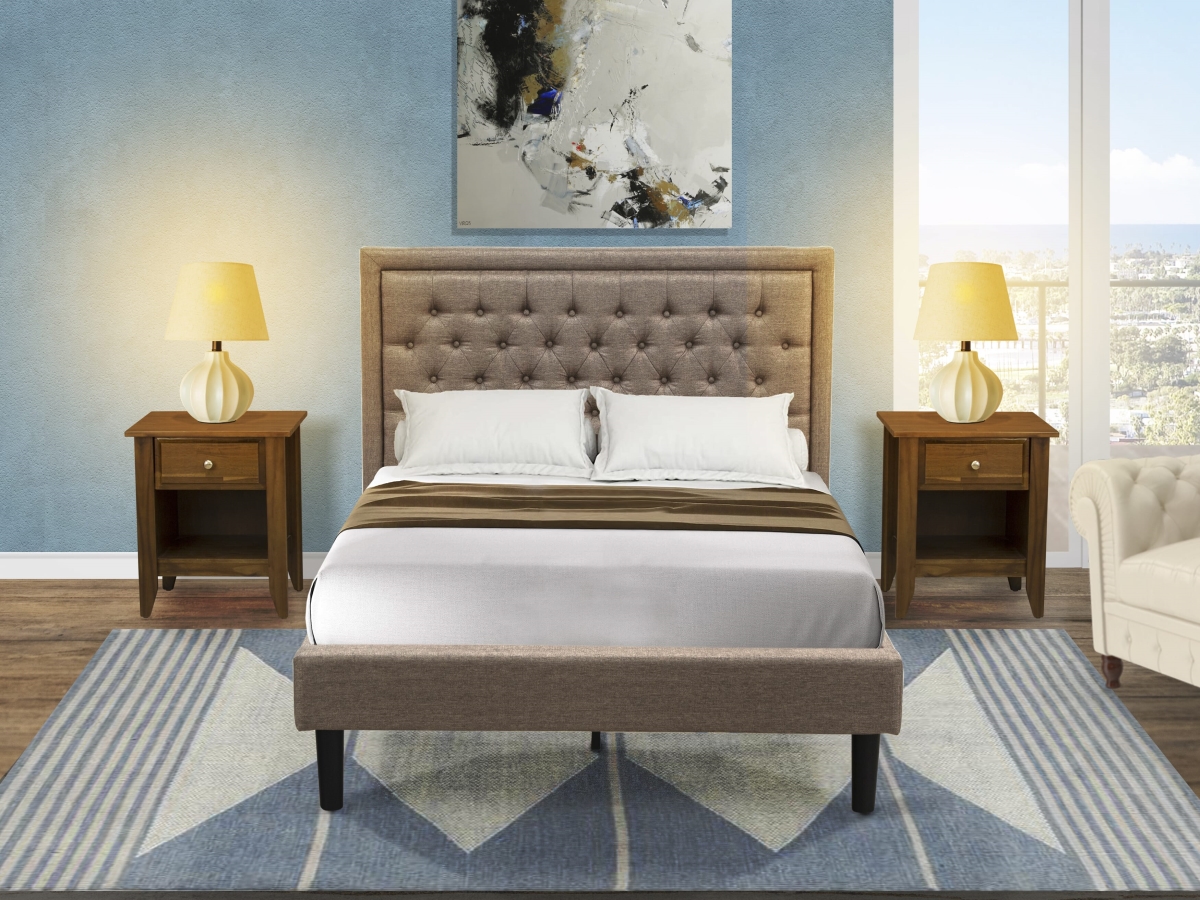 KD16F-2GA08 Bedroom Set, Dark Khaki - Platform Bed Dark Khaki Headboard with 2 Nightstands Finish Legs - 3 Piece