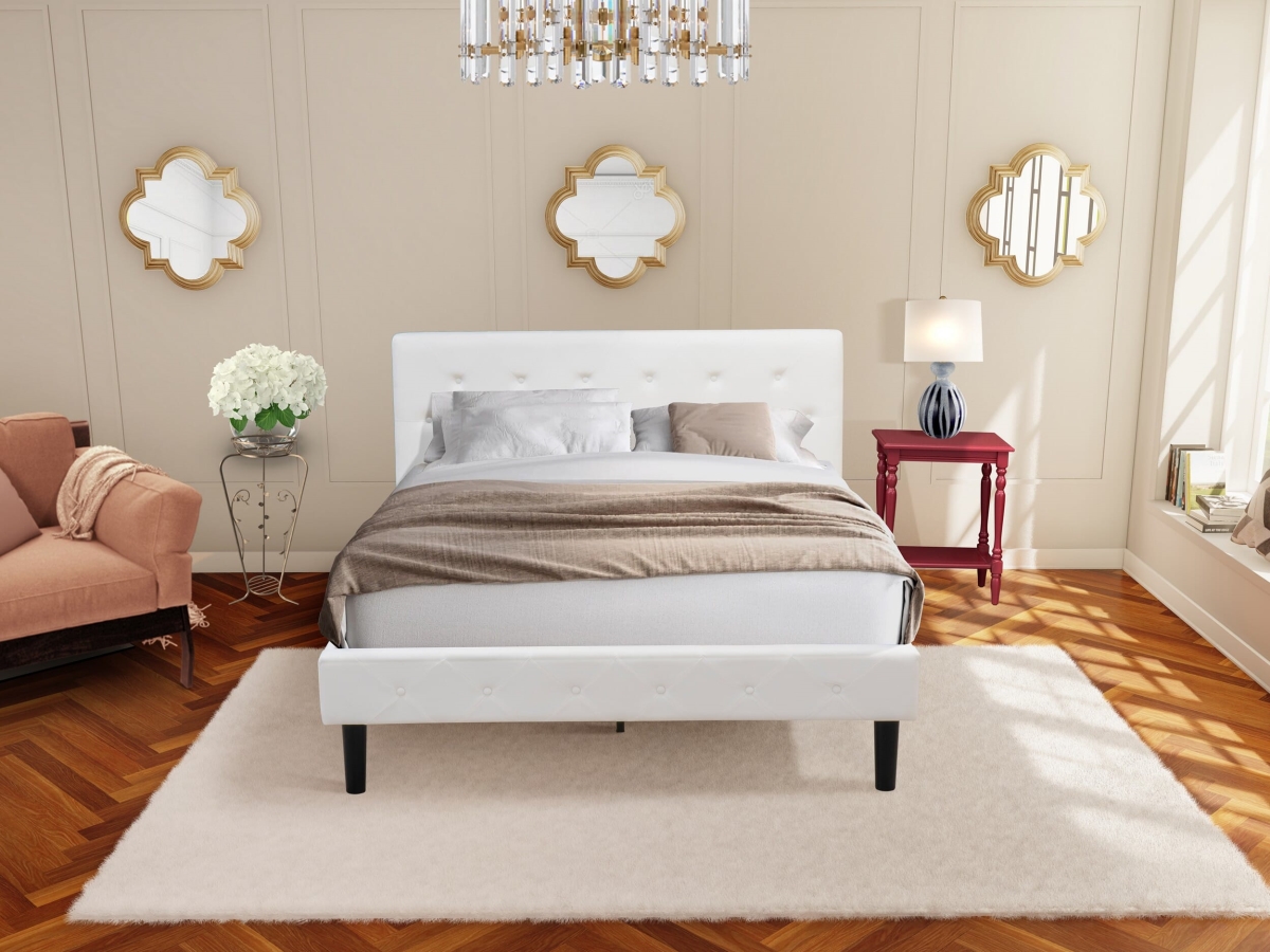 Queen Size Bedroom Set, White Velvet - 1 Queen Bed Linen White Velvet Fabric Headboard & 1 Night Stand - Burgundy Finish Nightstand - 2 Piece