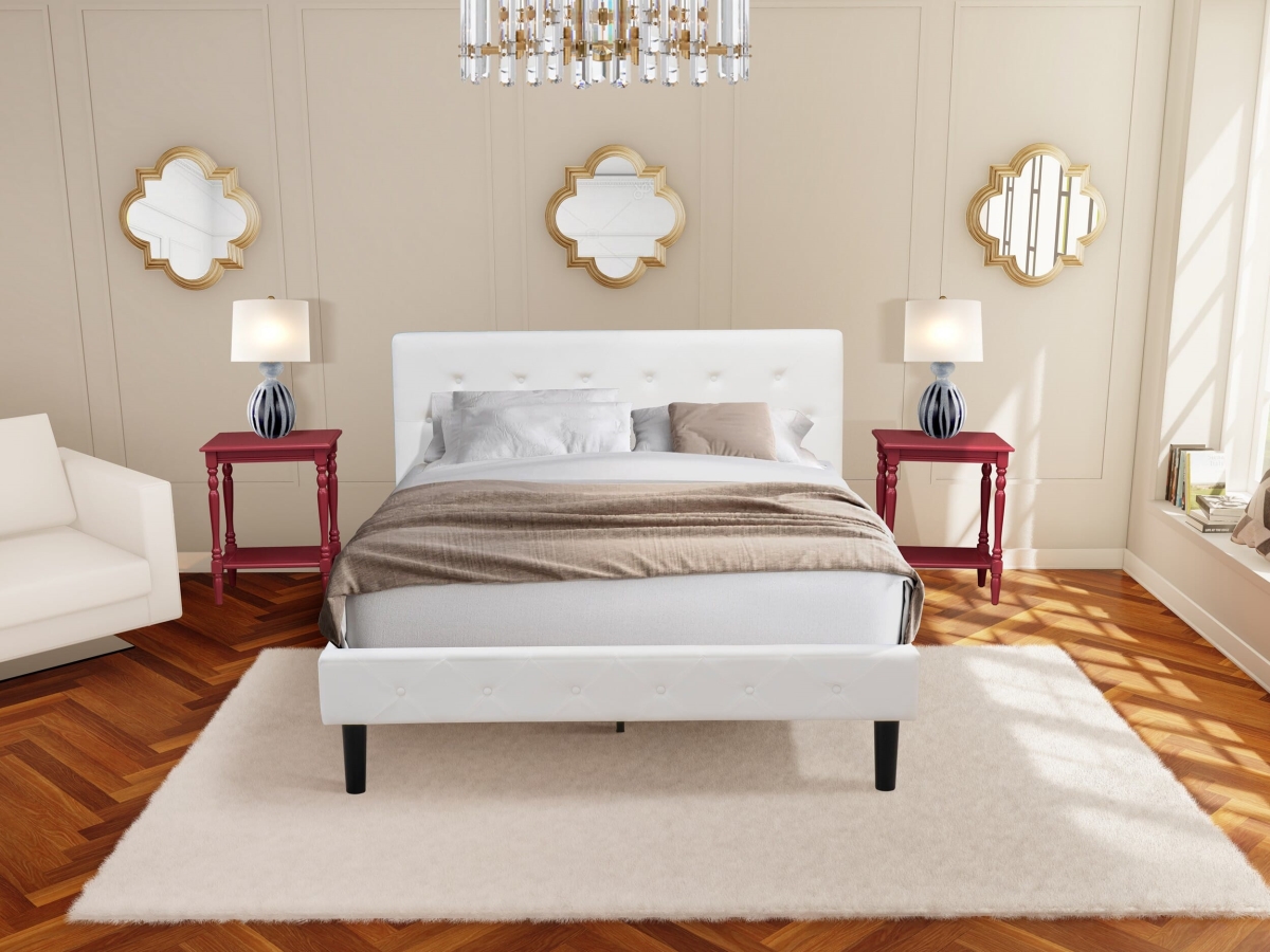 Bedroom Set, White Velvet - 1 Platform Bed Linen White Velvet Fabric Headboard & 2 Night Stands - Burgundy Finish Nightstand - 3 Piece