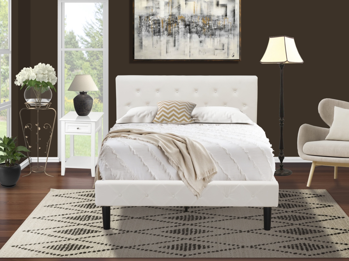 NL19F-1DE05 Bed Set, White Velvet - 1 Full Bedframe Linen White Velvet Fabric Headboard & 1 Night Stand Finish Nightstand - 2 Piece
