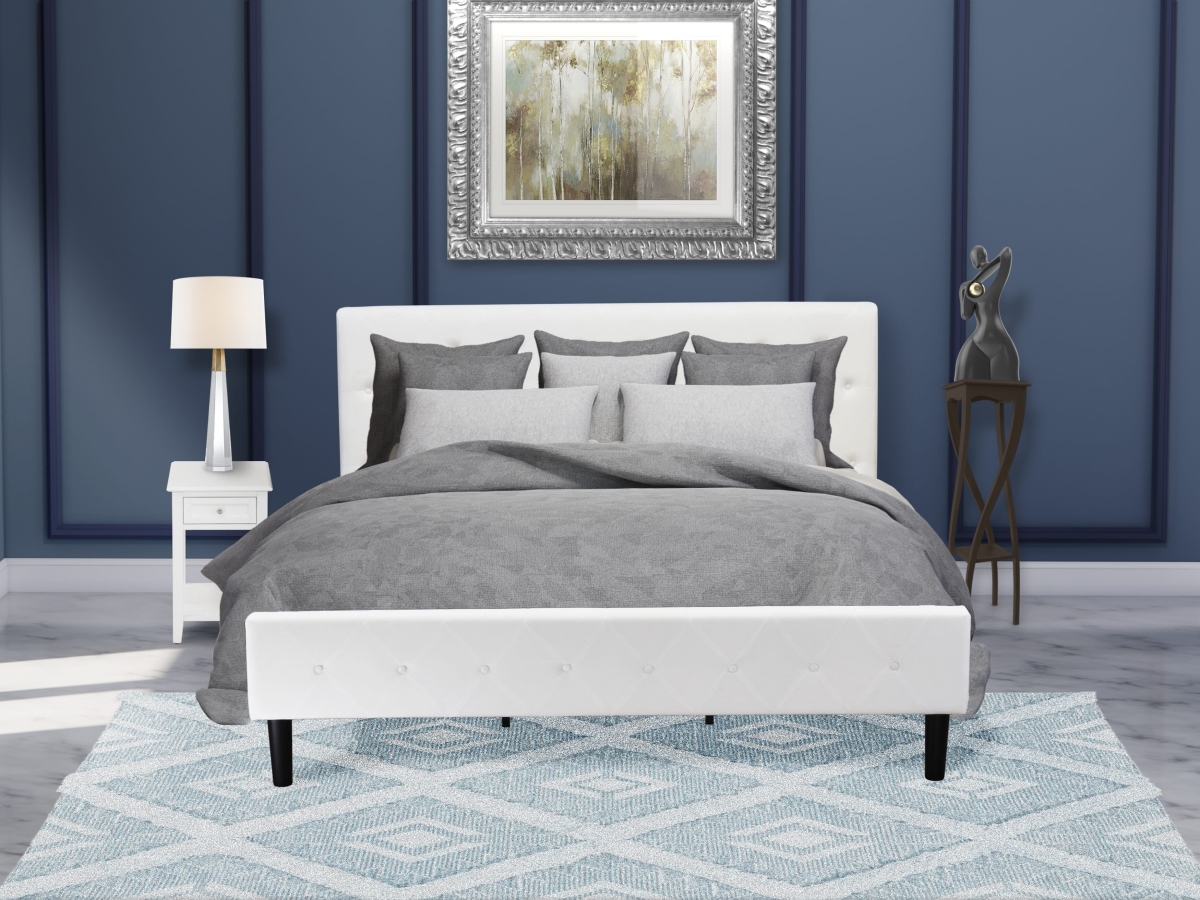 NL19K-1DE05 King Bed Set, White Velvet - 1 Platform Bed Linen White Velvet Fabric Headboard & 1 Small Nightstand Finish Nightstand - 2 Piece