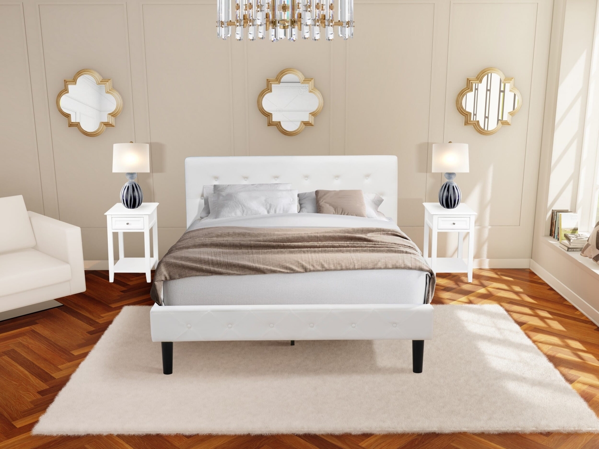 NL19Q-2DE05 Bedroom Set, White Velvet - 1 Queen Bed Linen White Velvet Fabric Headboard & 2 Bedroom Nightstand Finish Nightstand - 3 Piece