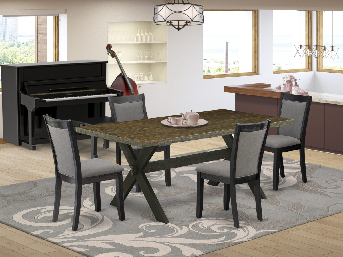 X677MZ650-5 Dining Set, Multi Color - Distressed Jacobean Table with 4 Dark Gotham Gray Linen Fabric Chairs - Wire Brushed Black Finish - 5 Piece