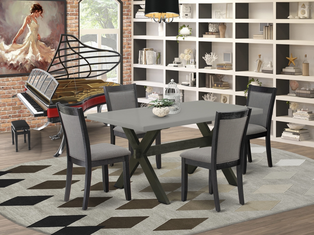 Dining Set, Multi Color - Cement Kitchen Table with 4 Dark Gotham Gray Linen Fabric Dining Chairs - Wire Brushed Black Finish - 5 Piece
