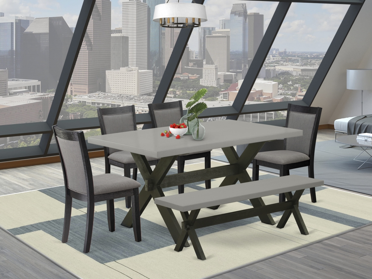 X696MZ650-6 Dining Room Set, Multi Color - Cement Table with A Bench & 4 Dark Gotham Gray Dining Chairs - Wire Brushed Black Finish - 6 Piece