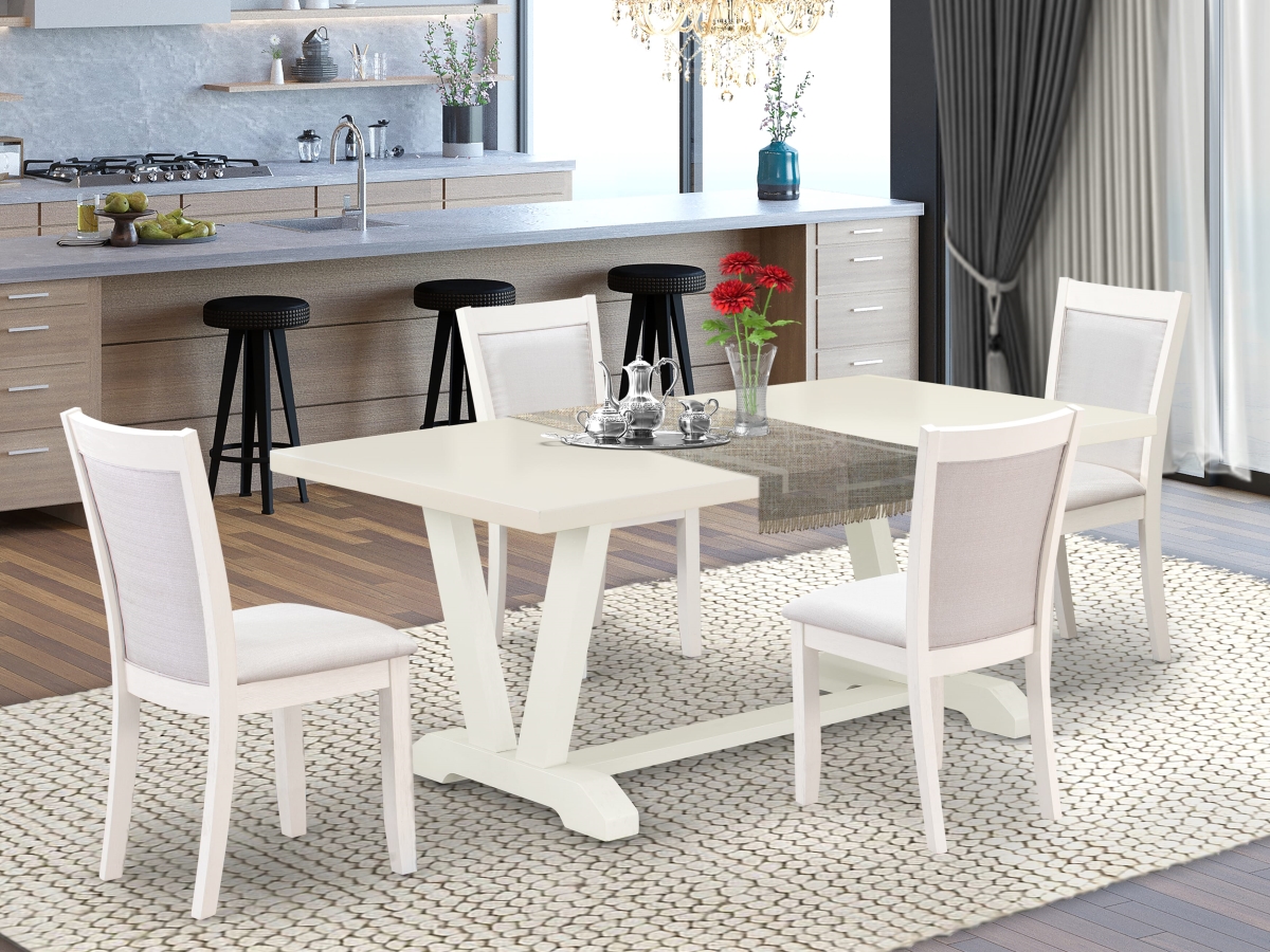 V027MZ001-5 Modern Dining Set, Multi Color - A Wooden Table & 4 Cream Upholstered Chairs - Wire Brushed Linen White Finish - 5 Piece