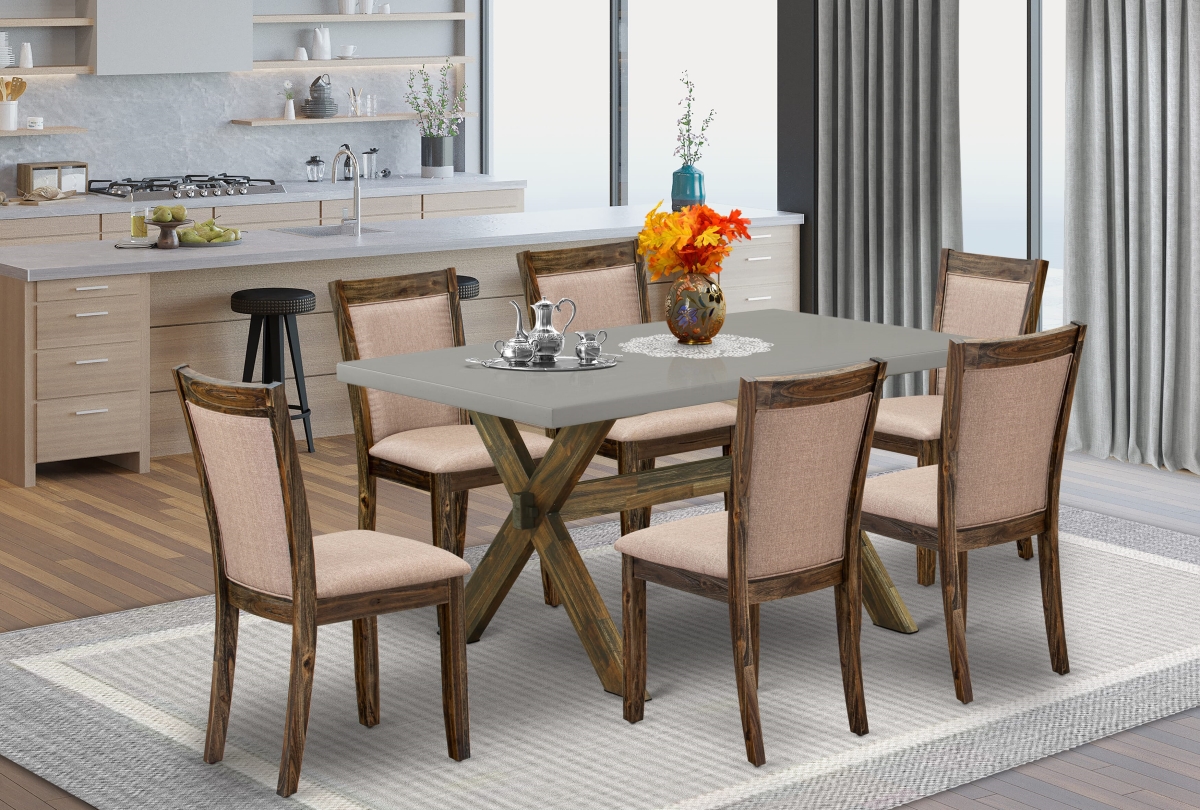X796MZ716-7 Contemporary Dining Set, Multi Color - A Dinner Table with Trestle Base & 6 Dining Room Chairs - Distressed Jacobean Finish - 7 Piece