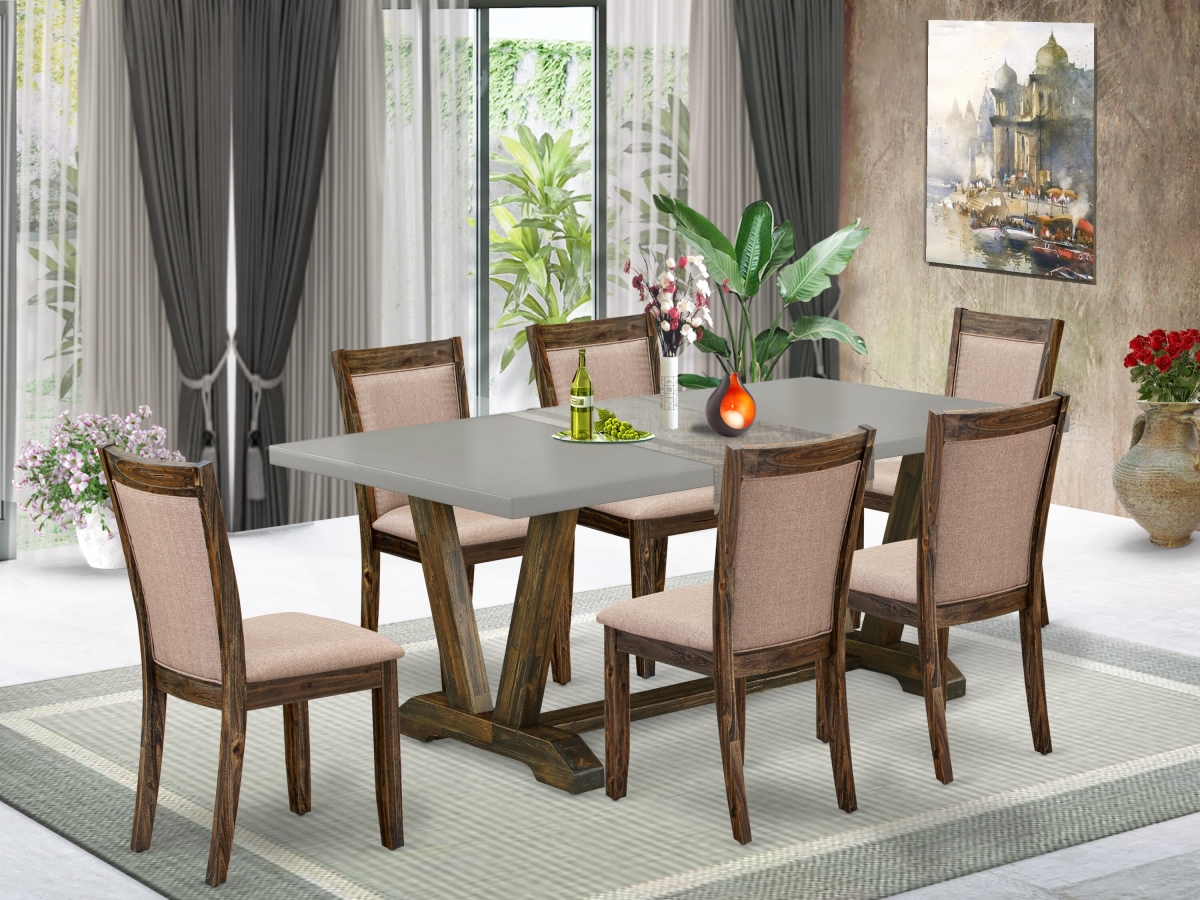 V797MZ716-7 Contemporary Dinette Set, Multi Color - A Dinner Table with Trestle Base & 6 Parson Chairs - Distressed Jacobean Finish - 7 Piece