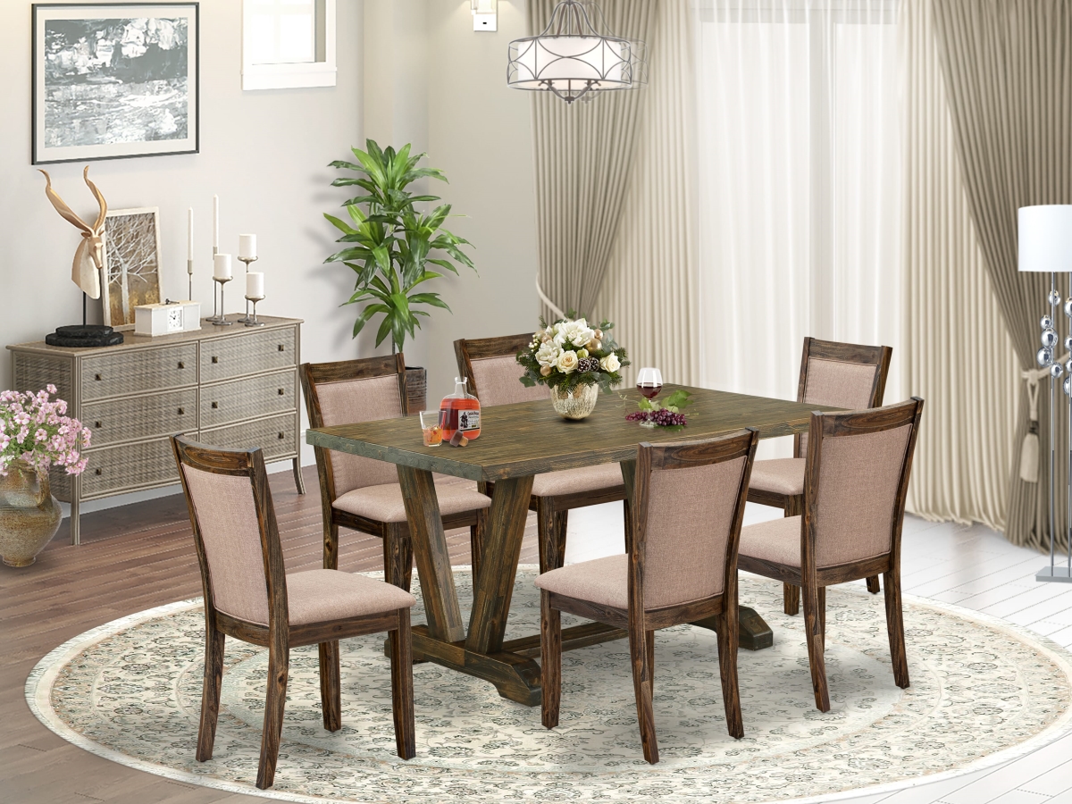 V776MZ716-7 Modern Dining Set, Multi Color - A Kitchen Table with Trestle Base & 6 Chairs for Dining Room - Distressed Jacobean Finish - 7 Piece