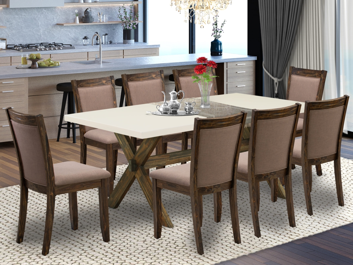 Innovative Dining Set, Multi Color - A Kitchen Table with Trestle Base & 8 Coffee Dining Chairs - Distressed Jacobean Finish - 9 Piece