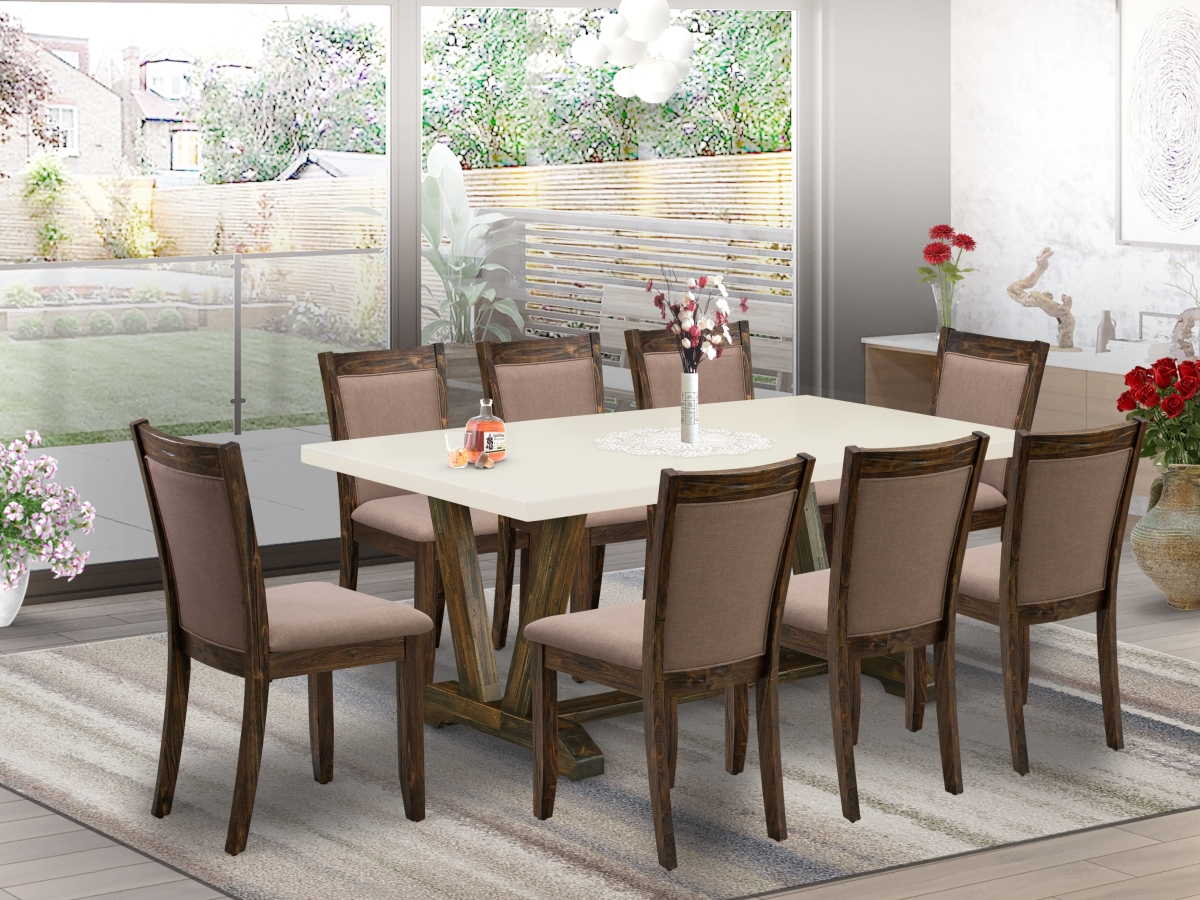 V727MZ748-9 Dinette Set, Multi Color - A Wooden Table with Trestle Base & 8 Coffee Modern Dining Chairs - Distressed Jacobean Finish - 9 Piece